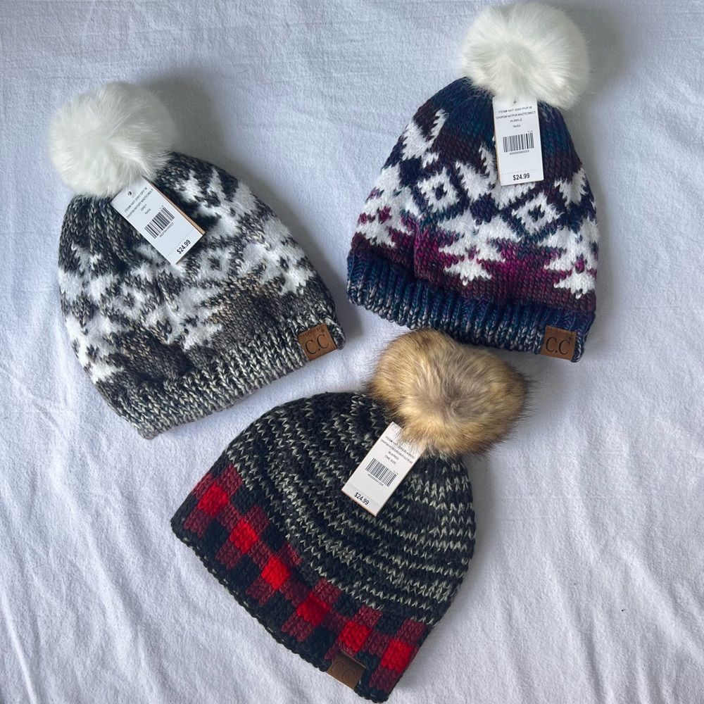 C.C Knit beanie winter hat with Pom Pom Purple Grey Tan Blue Buffalo Plaid